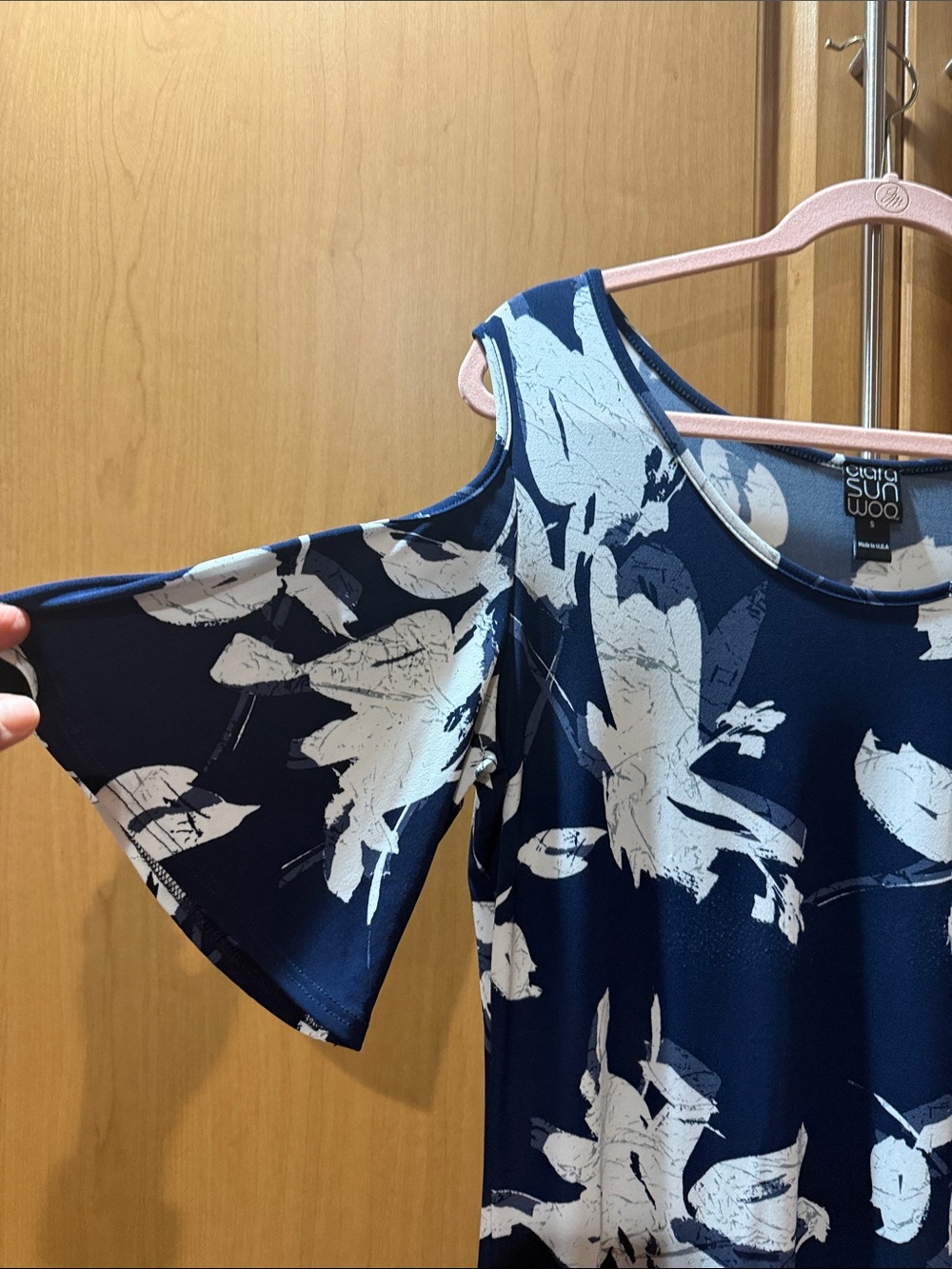 Clara Sun Woo Navy and White Cold-Shoulder Floral Tunic